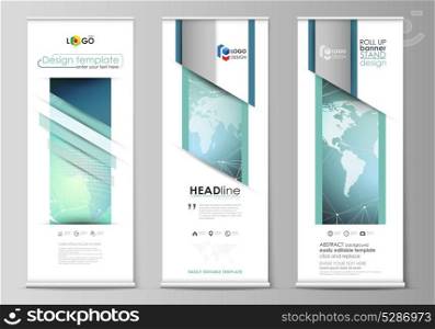 The minimalistic vector illustration of editable layout of roll up banner stands, vertical flyers, flags design business templates. Chemistry pattern, molecule structure, geometric design background.. The minimalistic vector illustration of editable layout of roll up banner stands, vertical flyers, flags design business templates. Chemistry pattern, molecule structure, geometric design background