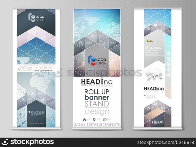 The minimalistic vector illustration of editable layout of roll up banner stands, vertical flyers, flags design business templates. Polygonal geometric linear texture. Global network, dig data concept. The minimalistic vector illustration of the editable layout of roll up banner stands, vertical flyers, flags design business templates. Polygonal geometric linear texture. Global network, dig data concept.