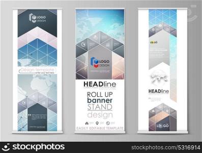 The minimalistic vector illustration of editable layout of roll up banner stands, vertical flyers, flags design business templates. Polygonal geometric linear texture. Global network, dig data concept. The minimalistic vector illustration of the editable layout of roll up banner stands, vertical flyers, flags design business templates. Polygonal geometric linear texture. Global network, dig data concept.