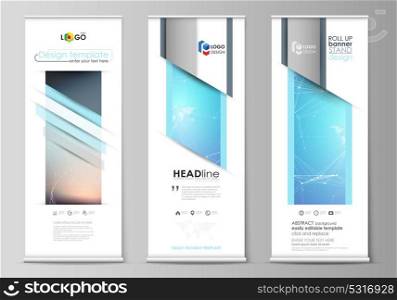The minimalistic vector illustration of editable layout of roll up banner stands, vertical flyers, flags design business templates. Molecule structure. Science, technology concept. Polygonal design.. The minimalistic vector illustration of the editable layout of roll up banner stands, vertical flyers, flags design business templates. Molecule structure. Science, technology concept. Polygonal design.