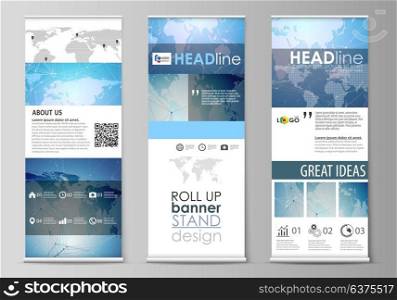 The minimalistic vector illustration of editable layout of roll up banner stands, vertical flyers, flags design business templates. World map on blue, geometric technology design, polygonal texture.. The minimalistic vector illustration of the editable layout of roll up banner stands, vertical flyers, flags design business templates. World map on blue, geometric technology design, polygonal texture.