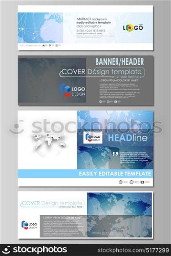 The minimalistic vector illustration of editable layout of social media, email headers, banner design templates in popular formats. World map on blue, geometric technology design, polygonal texture.