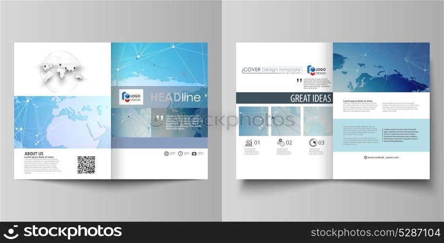 The minimalistic vector illustration of editable layout of two A4 format modern covers design templates for brochure, flyer, report. World map on blue, geometric technology design, polygonal texture.. The minimalistic vector illustration of editable layout of two A4 format modern covers design templates for brochure, flyer, report. World map on blue, geometric technology design, polygonal texture