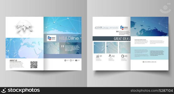 The minimalistic vector illustration of editable layout of two A4 format modern covers design templates for brochure, flyer, report. World map on blue, geometric technology design, polygonal texture.. The minimalistic vector illustration of editable layout of two A4 format modern covers design templates for brochure, flyer, report. World map on blue, geometric technology design, polygonal texture