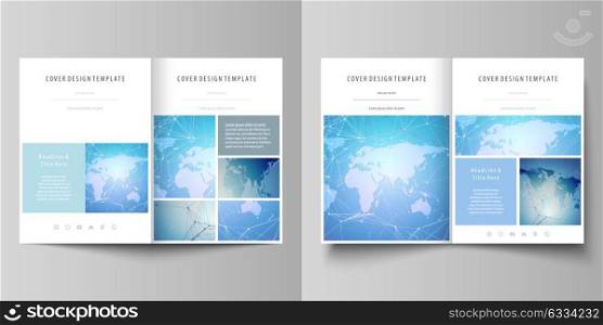 The minimalistic vector illustration of editable layout of two A4 format modern covers design templates for brochure, flyer, report. World map on blue, geometric technology design, polygonal texture.. The minimalistic vector illustration of the editable layout of two A4 format modern covers design templates for brochure, flyer, report. World map on blue, geometric technology design, polygonal texture.
