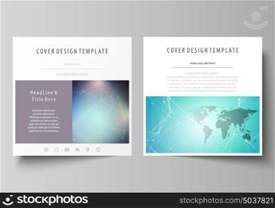 The minimalistic vector illustration of editable layout of two square format covers design templates for brochure, flyer, magazine. Molecule structure, connecting lines and dots. Technology concept.. The minimalistic vector illustration of the editable layout of two square format covers design templates for brochure, flyer, magazine. Molecule structure, connecting lines and dots. Technology concept.