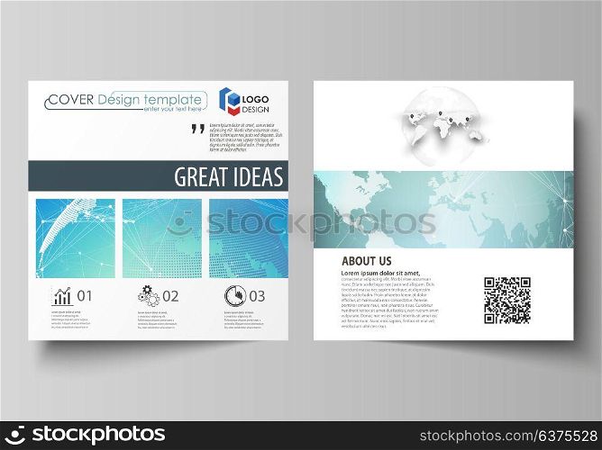 The minimalistic vector illustration of editable layout of two square format covers design templates for brochure, flyer, booklet. Chemistry pattern, molecule structure, geometric design background.. The minimalistic vector illustration of the editable layout of two square format covers design templates for brochure, flyer, booklet. Chemistry pattern, molecule structure, geometric design background.