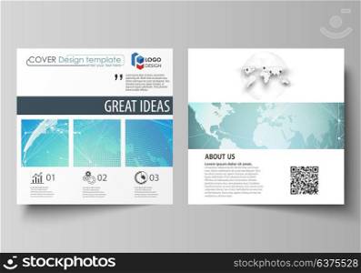 The minimalistic vector illustration of editable layout of two square format covers design templates for brochure, flyer, booklet. Chemistry pattern, molecule structure, geometric design background.. The minimalistic vector illustration of the editable layout of two square format covers design templates for brochure, flyer, booklet. Chemistry pattern, molecule structure, geometric design background.