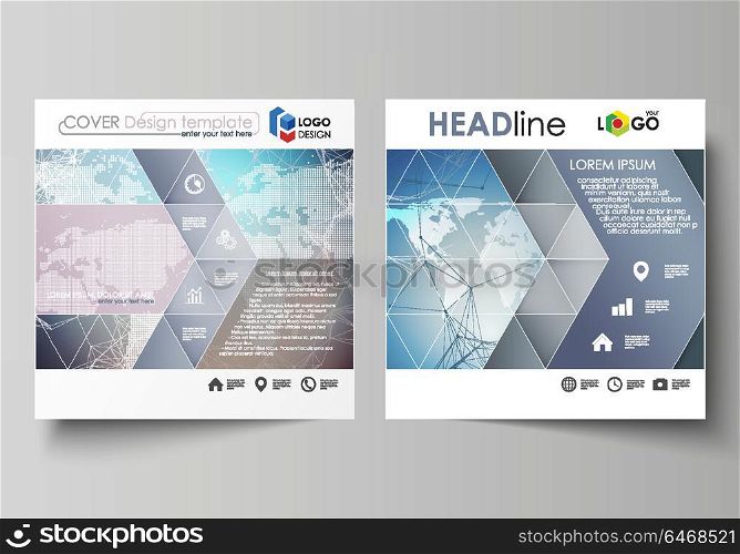 The minimalistic vector illustration of editable layout of two square format covers design templates for brochure, flyer, booklet. Polygonal geometric linear texture. Global network, dig data concept.. The minimalistic vector illustration of the editable layout of two square format covers design templates for brochure, flyer, booklet. Polygonal geometric linear texture. Global network, dig data concept.