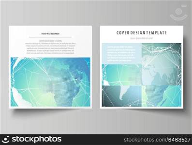 The minimalistic vector illustration of editable layout of two square format covers design templates for brochure, flyer, magazine. Chemistry pattern, molecule structure, geometric design background.. The minimalistic vector illustration of the editable layout of two square format covers design templates for brochure, flyer, magazine. Chemistry pattern, molecule structure, geometric design background.