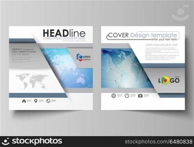 The minimalistic vector illustration of editable layout of two square format covers design templates for brochure, flyer, magazine. World map on blue, geometric technology design, polygonal texture.. The minimalistic vector illustration of the editable layout of two square format covers design templates for brochure, flyer, magazine. World map on blue, geometric technology design, polygonal texture.