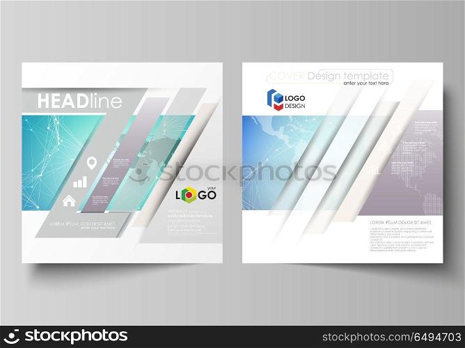 The minimalistic vector illustration of editable layout of two square format covers design templates for brochure, flyer, magazine. Molecule structure, connecting lines and dots. Technology concept.. The minimalistic vector illustration of the editable layout of two square format covers design templates for brochure, flyer, magazine. Molecule structure, connecting lines and dots. Technology concept.