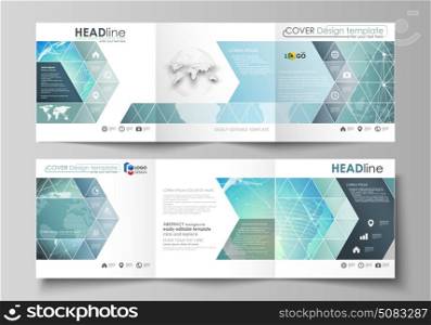 The minimalistic vector illustration of editable layout. Two modern creative covers design templates for square brochure or flyer. Chemistry pattern, molecule structure, geometric design background.. The minimalistic vector illustration of the editable layout. Two modern creative covers design templates for square brochure or flyer. Chemistry pattern, molecule structure, geometric design background.