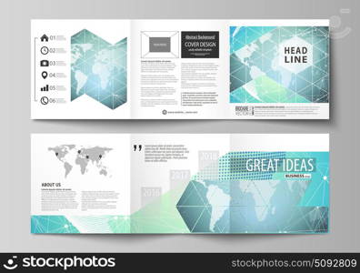 The minimalistic vector illustration of editable layout. Two modern creative covers design templates for square brochure or flyer. Chemistry pattern, molecule structure, geometric design background.. The minimalistic vector illustration of the editable layout. Two modern creative covers design templates for square brochure or flyer. Chemistry pattern, molecule structure, geometric design background.