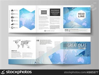 The minimalistic vector illustration of the editable layout. Two modern creative covers design templates for square brochure or flyer. World map on blue, geometric technology design, polygonal texture. The minimalistic vector illustration of the editable layout. Two modern creative covers design templates for square brochure or flyer. World map on blue, geometric technology design, polygonal texture.