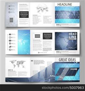 The minimalistic vector illustration of the editable layout. Three creative covers design templates for square brochure or flyer. Abstract global design. Chemistry pattern, molecule structure.. The minimalistic vector illustration of the editable layout. Three creative covers design templates for square brochure or flyer. Abstract global design. Chemistry pattern, molecule structure