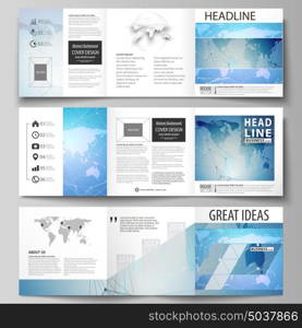 The minimalistic vector illustration of the editable layout. Three creative covers design templates for square brochure or flyer. World map on blue, geometric technology design, polygonal texture.. The minimalistic vector illustration of the editable layout. Three creative covers design templates for square brochure or flyer. World map on blue, geometric technology design, polygonal texture