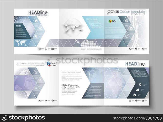 The minimalistic vector illustration of the editable layout. Two modern creative covers design templates for square brochure or flyer. Abstract futuristic network shapes. High tech background.. The minimalistic vector illustration of the editable layout. Two modern creative covers design templates for square brochure or flyer. Abstract futuristic network shapes. High tech background