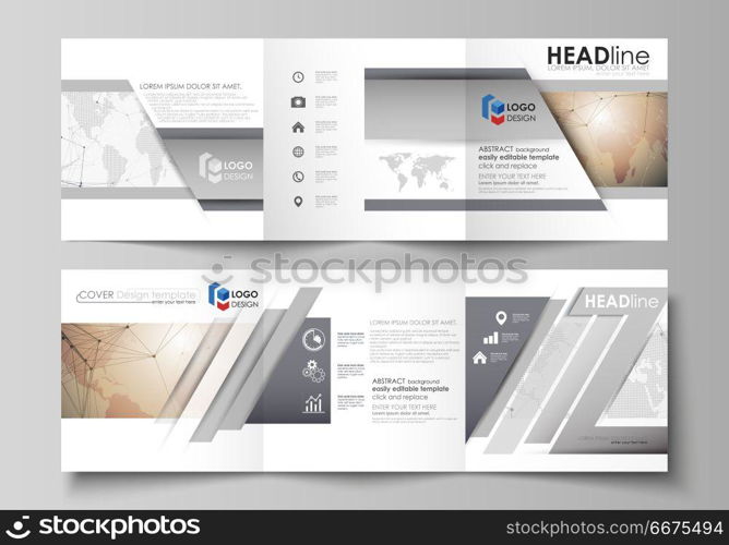 The minimalistic vector illustration of the editable layout. Two modern creative covers design templates for square brochure or flyer. Global network connections, technology background with world map.. The minimalistic vector illustration of the editable layout. Two modern creative covers design templates for square brochure or flyer. Global network connections, technology background with world map