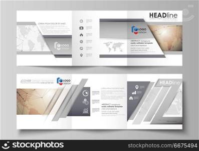 The minimalistic vector illustration of the editable layout. Two modern creative covers design templates for square brochure or flyer. Global network connections, technology background with world map.. The minimalistic vector illustration of the editable layout. Two modern creative covers design templates for square brochure or flyer. Global network connections, technology background with world map