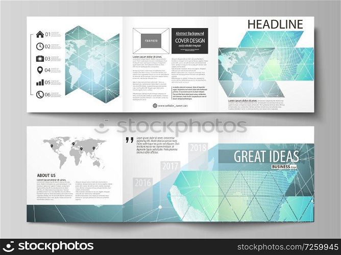 The minimalistic vector illustration of the editable layout. Two modern creative covers design templates for square brochure or flyer. Chemistry pattern, molecule structure, geometric design background.. The minimalistic vector illustration of editable layout. Two modern creative covers design templates for square brochure or flyer. Chemistry pattern, molecule structure, geometric design background.