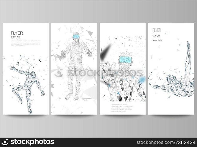 The minimalistic vector illustration of the editable layout of flyer, banner design templates. Man with glasses of virtual reality. Abstract vr, future technology concept. The minimalistic vector illustration of the editable layout of flyer, banner design templates. Man with glasses of virtual reality. Abstract vr, future technology concept.