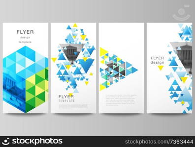 The minimalistic vector illustration of the editable layout of flyer, banner design templates. Blue color polygonal background with triangles, colorful mosaic pattern. The minimalistic vector illustration of the editable layout of flyer, banner design templates. Blue color polygonal background with triangles, colorful mosaic pattern.