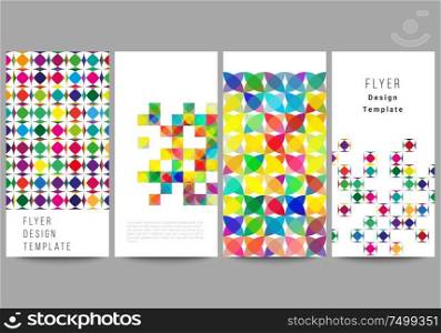 The minimalistic vector illustration of the editable layout of flyer, banner design templates. Abstract background, geometric mosaic pattern with bright circles, geometric shapes. The minimalistic vector illustration of the editable layout of flyer, banner design templates. Abstract background, geometric mosaic pattern with bright circles, geometric shapes.