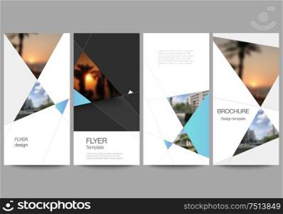 The minimalistic vector illustration of the editable layout of flyer, banner design templates. Creative modern background with blue triangles and triangular shapes. Simple design decoration. The minimalistic vector illustration of the editable layout of flyer, banner design templates. Creative modern background with blue triangles and triangular shapes. Simple design decoration.