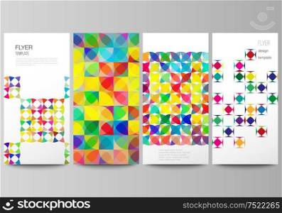 The minimalistic vector illustration of the editable layout of flyer, banner design templates. Abstract background, geometric mosaic pattern with bright circles, geometric shapes. The minimalistic vector illustration of the editable layout of flyer, banner design templates. Abstract background, geometric mosaic pattern with bright circles, geometric shapes.
