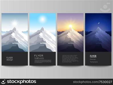 The minimalistic vector illustration of the editable layout of flyer, banner design templates. Mountain illustration, outdoor adventure. Travel concept background. Flat design vector. The minimalistic vector illustration of the editable layout of flyer, banner design templates. Mountain illustration, outdoor adventure. Travel concept background. Flat design vector.