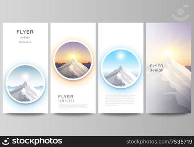 The minimalistic vector illustration of the editable layout of flyer, banner design templates. Mountain illustration, outdoor adventure. Travel concept background. Flat design vector. The minimalistic vector illustration of the editable layout of flyer, banner design templates. Mountain illustration, outdoor adventure. Travel concept background. Flat design vector.