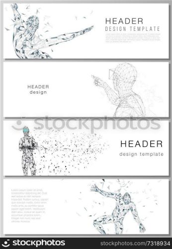 The minimalistic vector illustration of the editable layout of headers, banner design templates. Man with glasses of virtual reality. Abstract vr, future technology concept. The minimalistic vector illustration of the editable layout of headers, banner design templates. Man with glasses of virtual reality. Abstract vr, future technology concept.