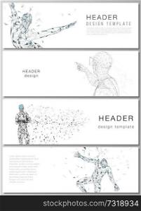 The minimalistic vector illustration of the editable layout of headers, banner design templates. Man with glasses of virtual reality. Abstract vr, future technology concept. The minimalistic vector illustration of the editable layout of headers, banner design templates. Man with glasses of virtual reality. Abstract vr, future technology concept.