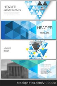 The minimalistic vector illustration of the editable layout of headers, banner design templates. Blue color polygonal background with triangles, colorful mosaic pattern. The minimalistic vector illustration of the editable layout of headers, banner design templates. Blue color polygonal background with triangles, colorful mosaic pattern.