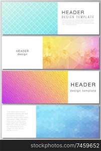 The minimalistic vector illustration of the editable layout of headers, banner design templates. Abstract geometric pattern with colorful gradient business background. The minimalistic vector illustration of the editable layout of headers, banner design templates. Abstract geometric pattern with colorful gradient business background.