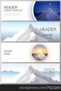 The minimalistic vector illustration of the editable layout of headers, banner design templates. Mountain illustration, outdoor adventure. Travel concept background. Flat design vector. The minimalistic vector illustration of the editable layout of headers, banner design templates. Mountain illustration, outdoor adventure. Travel concept background. Flat design vector.