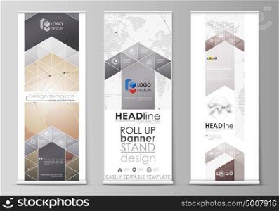 The minimalistic vector illustration of the editable layout of roll up banner stands, vertical flyers, flags design business templates. Global network connections, technology background with world map. The minimalistic vector illustration of the editable layout of roll up banner stands, vertical flyers, flags design business templates. Global network connections, technology background with world map.