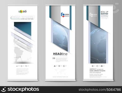 The minimalistic vector illustration of the editable layout of roll up banner stands, vertical flyers, flags design business templates. World globe on blue. Global network connections, lines and dots.. The minimalistic vector illustration of the editable layout of roll up banner stands, vertical flyers, flags design business templates. World globe on blue. Global network connections, lines and dots