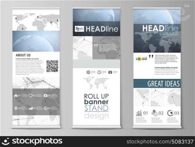 The minimalistic vector illustration of the editable layout of roll up banner stands, vertical flyers, flags design business templates. World globe on blue. Global network connections, lines and dots.. The minimalistic vector illustration of the editable layout of roll up banner stands, vertical flyers, flags design business templates. World globe on blue. Global network connections, lines and dots