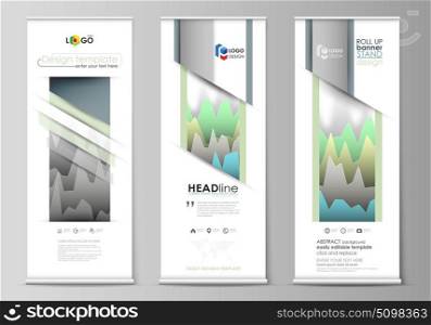 The minimalistic vector illustration of the editable layout of roll up banner stands, vertical flyers, flags design business templates. Rows of colored diagram with peaks of different height.. The minimalistic vector illustration of the editable layout of roll up banner stands, vertical flyers, flags design business templates. Rows of colored diagram with peaks of different height
