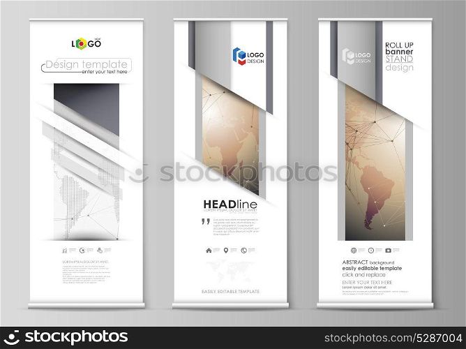 The minimalistic vector illustration of the editable layout of roll up banner stands, vertical flyers, flags design business templates. Global network connections, technology background with world map. The minimalistic vector illustration of editable layout of roll up banner stands, vertical flyers, flags design business templates. Global network connections, technology background with world map.