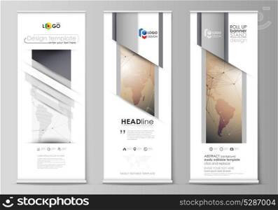 The minimalistic vector illustration of the editable layout of roll up banner stands, vertical flyers, flags design business templates. Global network connections, technology background with world map. The minimalistic vector illustration of editable layout of roll up banner stands, vertical flyers, flags design business templates. Global network connections, technology background with world map.