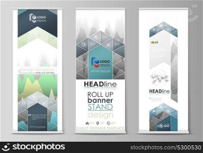 The minimalistic vector illustration of the editable layout of roll up banner stands, vertical flyers, flags design business templates. Rows of colored diagram with peaks of different height.. The minimalistic vector illustration of the editable layout of roll up banner stands, vertical flyers, flags design business templates. Rows of colored diagram with peaks of different height