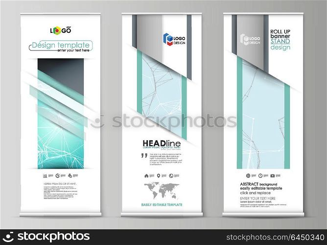 The minimalistic vector illustration of the editable layout of roll up banner stands, vertical flyers, flags design business templates. Futuristic high tech background, dig data technology concept.. The minimalistic vector illustration of the editable layout of roll up banner stands, vertical flyers, flags design business templates. Futuristic high tech background, dig data technology concept