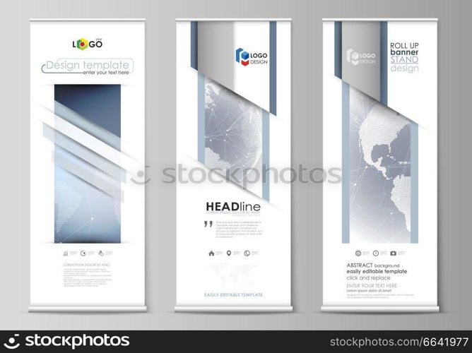 The minimalistic vector illustration of the editable layout of roll up banner stands, vertical flyers, flags design business templates. Abstract futuristic network shapes. High tech background. The minimalistic vector illustration of the editable layout of roll up banner stands, vertical flyers, flags design business templates. Abstract futuristic network shapes. High tech background.