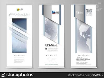 The minimalistic vector illustration of the editable layout of roll up banner stands, vertical flyers, flags design business templates. Abstract futuristic network shapes. High tech background. The minimalistic vector illustration of the editable layout of roll up banner stands, vertical flyers, flags design business templates. Abstract futuristic network shapes. High tech background.