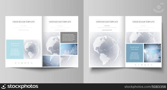 The minimalistic vector illustration of the editable layout of two A4 format modern covers design templates for brochure, flyer, report. Technology concept. Molecule structure, connecting background.. The minimalistic vector illustration of the editable layout of two A4 format modern covers design templates for brochure, flyer, report. Technology concept. Molecule structure, connecting background