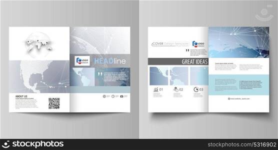 The minimalistic vector illustration of the editable layout of two A4 format modern covers design templates for brochure, flyer, report. Technology concept. Molecule structure, connecting background.. The minimalistic vector illustration of the editable layout of two A4 format modern covers design templates for brochure, flyer, report. Technology concept. Molecule structure, connecting background