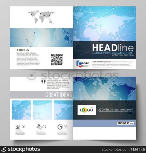 The minimalistic vector illustration of the editable layout of two covers templates for square design brochure, flyer, booklet. World map on blue, geometric technology design, polygonal texture.. The minimalistic vector illustration of the editable layout of two covers templates for square design brochure, flyer, booklet. World map on blue, geometric technology design, polygonal texture